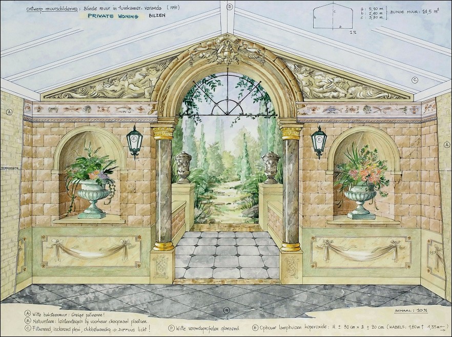 Het originele ontwerp voor de trompe-l'oeil muurschildering Origineel ontwerp voor een trompe-l'oeil muurschildering